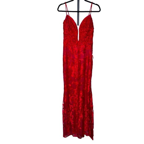 NWT MAC DUGGAL Red Embellished Plunge Neck Illusion Mermaid Gown Women’s - Picture 3 of 14
